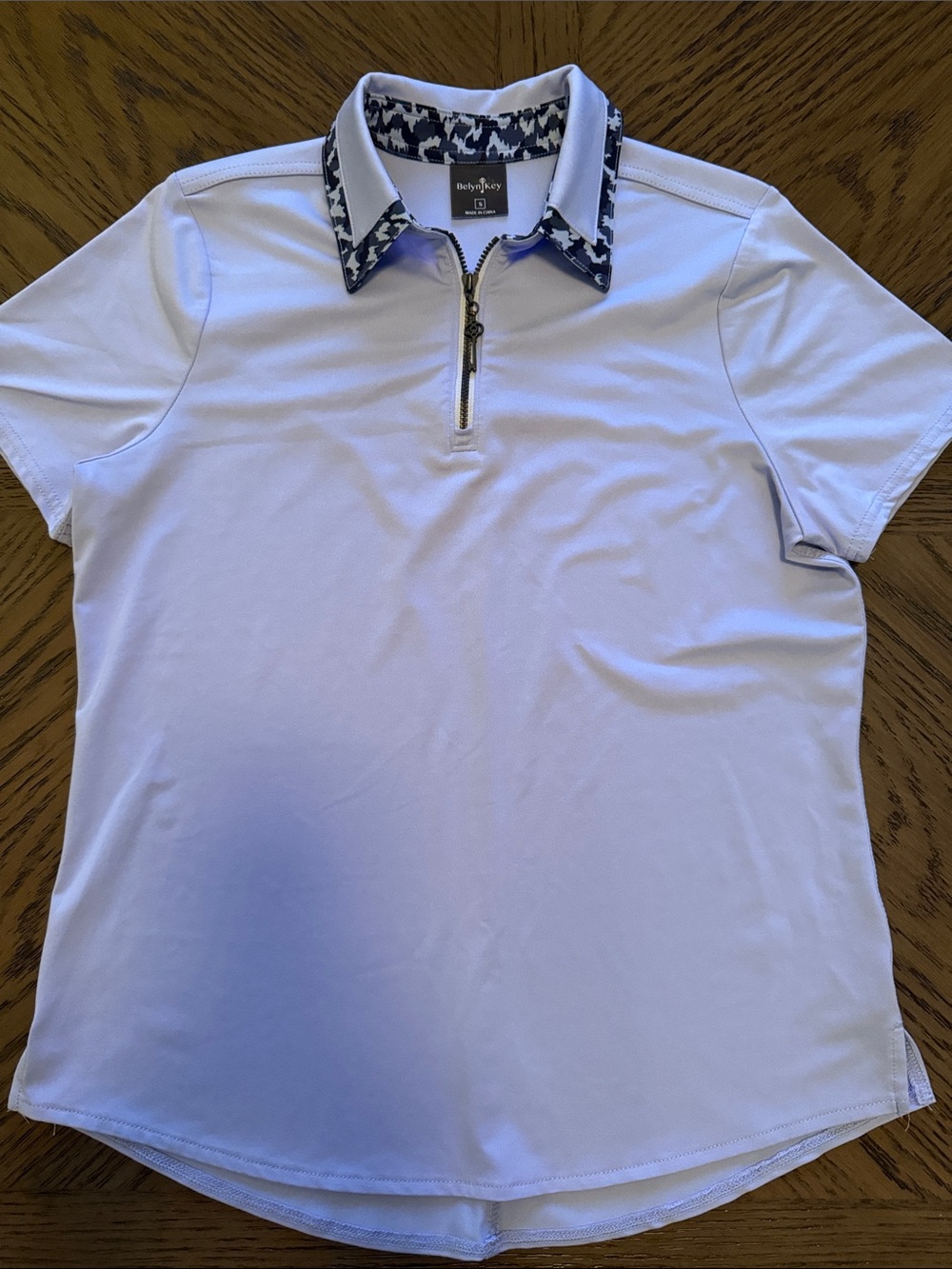 Belyn Key White Polo Top with Navy Patterned Collar